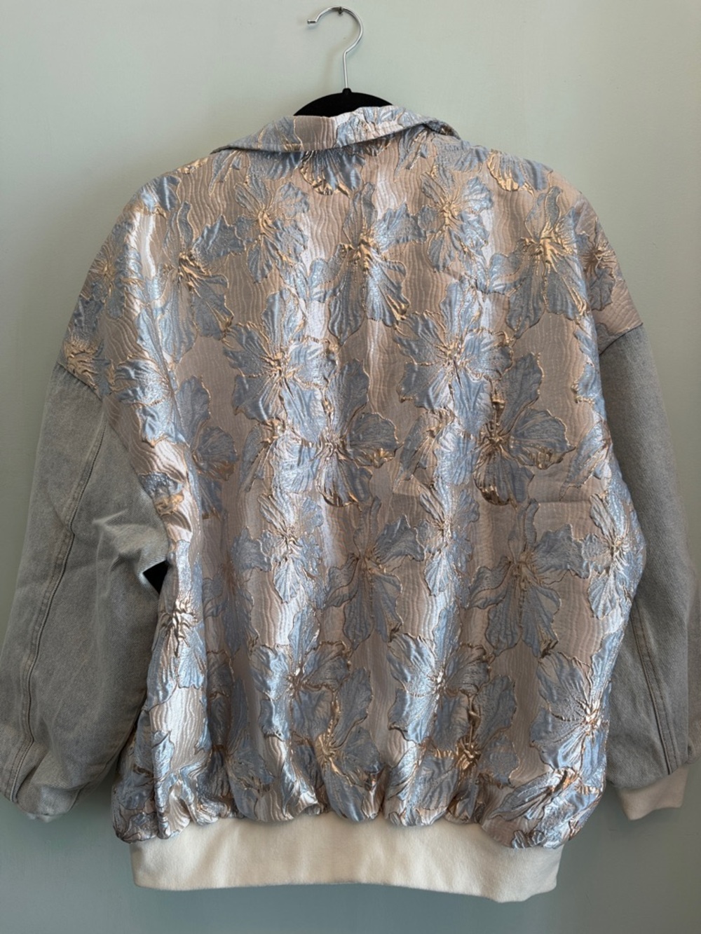 AKIRA Metallic Floral Denim Jacket in Silver and Light Gray. Oversized fit XS-L - Picture 3 of 3